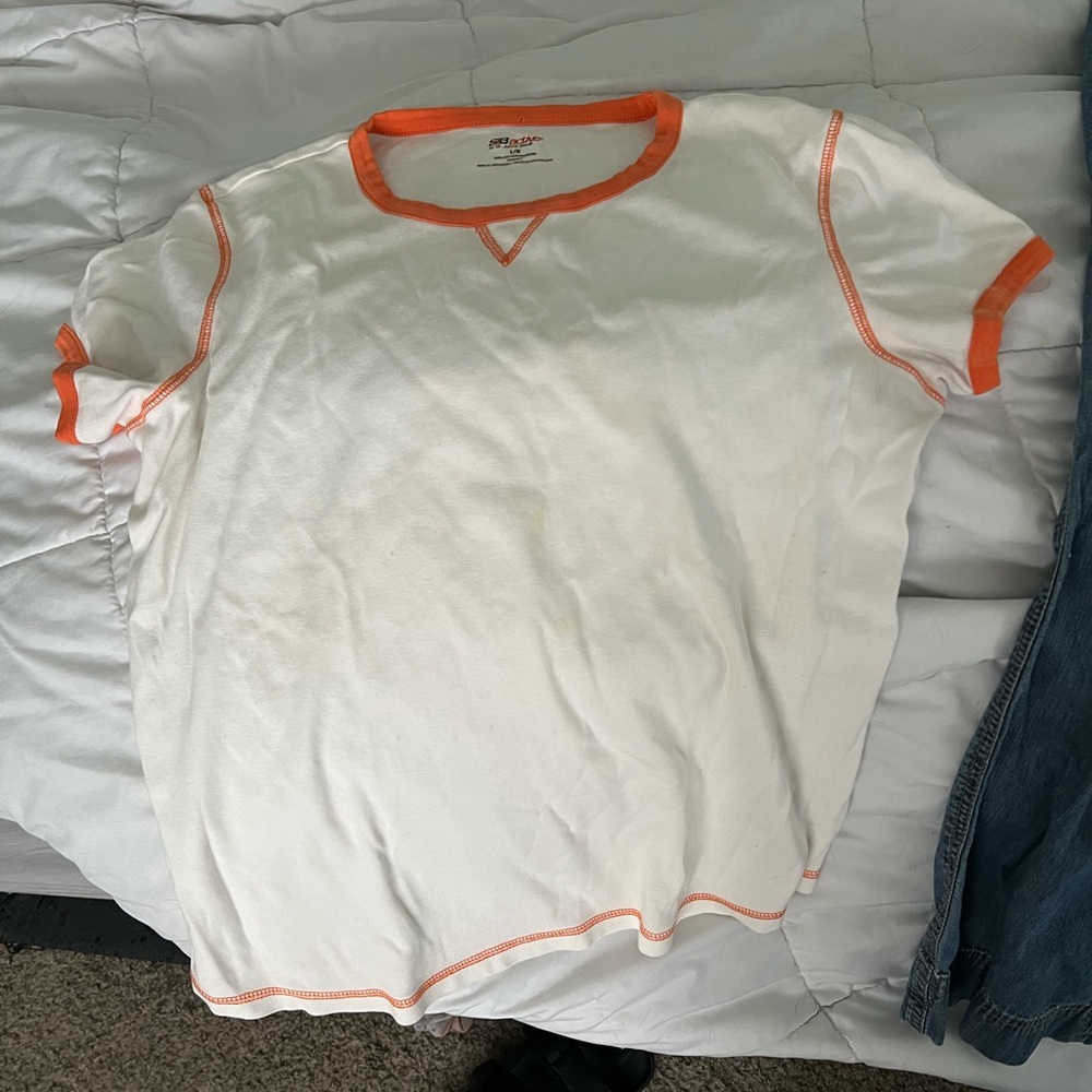 white baseball tee with orange hem
